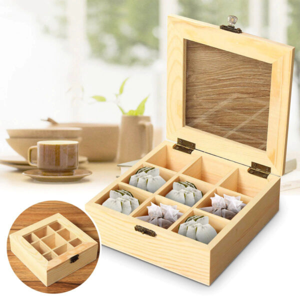 Hộp gỗ đựng trà bằng gỗ, thiết kế 9 ngăn